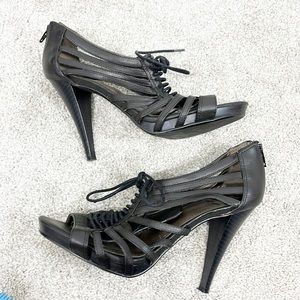 Fergalicious by Fergie Size 7.5 Marla Zipper Lace Up Strappy Heel Sandals